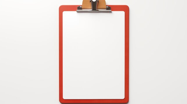 A red clipboard with a metal clip and a blank white sheet of paper on a white background surface