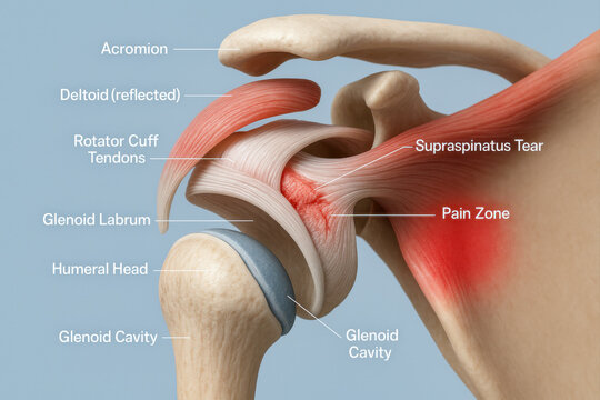 Detailed 3D medical illustration of the human shoulder highlighting a supraspinatus tear and associated pain zone in the rotator cuff.
