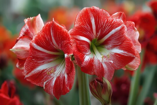 Vibrant Closeup of Large Red Amaryllis Blooms with White Petal Stripes in Botanical Garden Setting