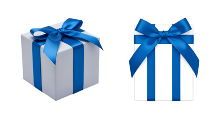 A white gift box with blue ribbon and bow