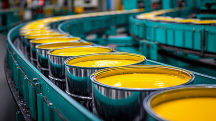 Industrial paint manufacturing process featuring a conveyor belt transporting large containers filled with vibrant yellow paint inside a factory setting