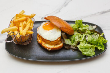 Burger végétarien avec steak soja, œuf, salade et frites, plat de bistro français
