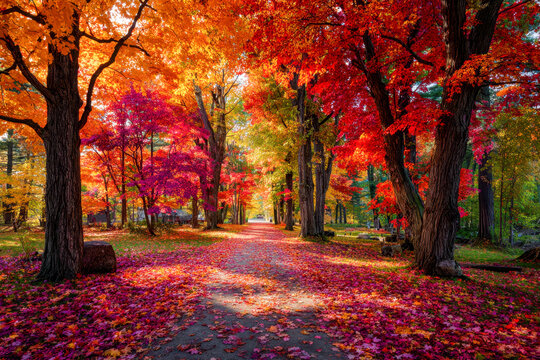 Vibrant autumn pathway lined with colorful red, orange, and yellow trees casting warm light and fallen leaves covering the forest trail in a serene natural setting