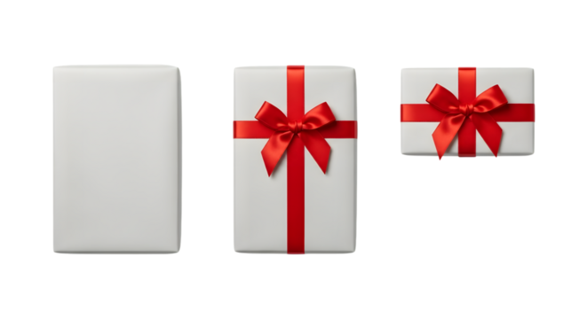 A white gift box with red ribbon and bow