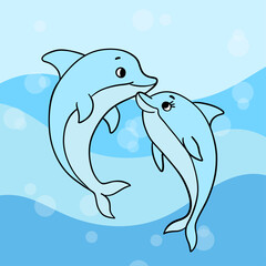 Hand-drawn illustration of two loving dolphins swimming together in the sea. Romantic Valentine’s Day love, connection, and harmony in nature