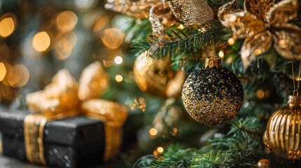 Festive Christmas tree decorated with sparkling golden ornaments and elegant ribbons alongside a beautifully wrapped present with matching gold accents and twinkling