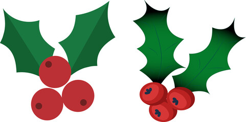 Vector illustration of holly branch with red berries. Classic Christmas symbol and traditional holiday decoration. Flat design with clean lines and rich colors, perfect for patterns, packaging. © Antonina