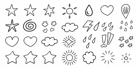 Collection of hand drawn doodle icons including stars hearts clouds sun rain lightning and more