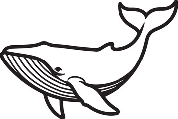 Stylized black and white outline illustration of a humpback whale swimming marine life ocean on transparent background
