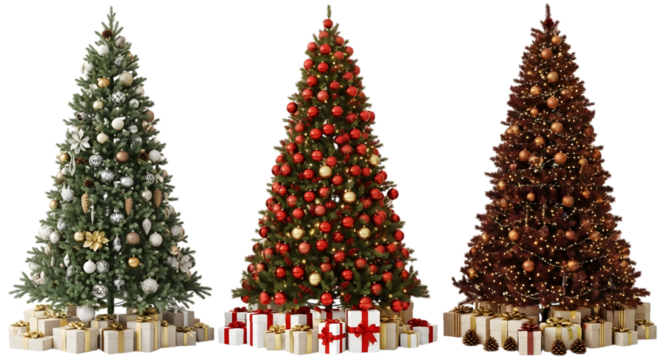 Three decorated christmas trees with presents underneath