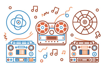 Retro Music Icons Featuring Boombox Reel to Reel and Turntable radio