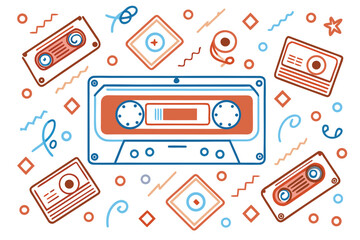 Retro cassette tapes and audio reel with abstract shapes on white background blue