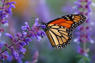 Obraz premium Monarch Butterfly Sipping Nectar from Blooming Purple Mexican Sage Flowers in Soft Focus