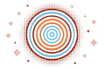 Retro concentric circles with halftone dots and starbursts on white abstract background
