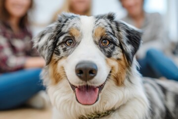 Australian Shepherd dog with a joyful expression, sitting in a group therapy session, surrounded by participants, creating a warm and supportive atmosphere for emotional healing