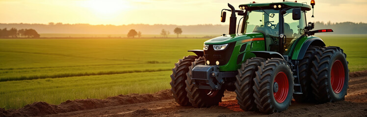 Obraz premium Modern green tractor stands on a dirt road next to a vast green farm field. Golden sunlight shines over the rural landscape. Agricultural machinery is ready for crop cultivation work at dawn or dusk.