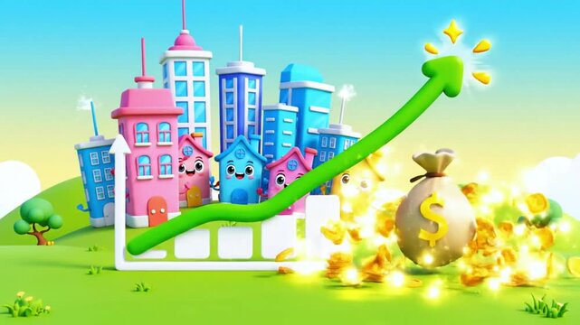 Animated real estate market growth video with cute cartoon houses trending upwards and a money bag glittering with gold coins perfect for financial planning content
