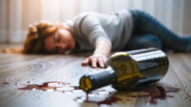 spilled wine bottle on floor with unconscious person in background, representing alcohol addiction, overdose, or emotional crisis