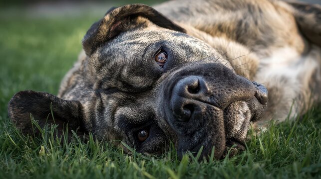 Playful Mastiff Joyfully Rolling Over on Green Grass in a Sunny Park
