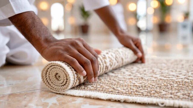 close-up of a person rolling out a prayer mat inside a mosque before prayer
