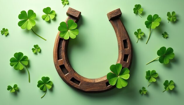 Wooden horseshoe with vibrant green shamrock leaves scattered on pastel green background. Symbol of good luck and St Patricks Day celebration. Minimal festive design element.