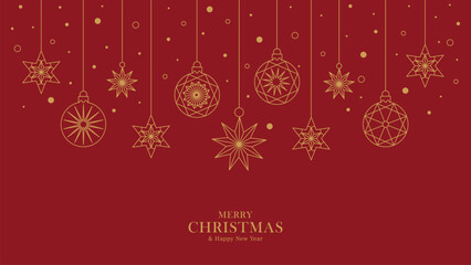 Luxury red Christmas card template vector, elegant hanging gold ornaments decoration line art design.