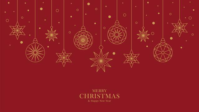 Luxury red Christmas card template vector, elegant hanging gold ornaments decoration line art design.
