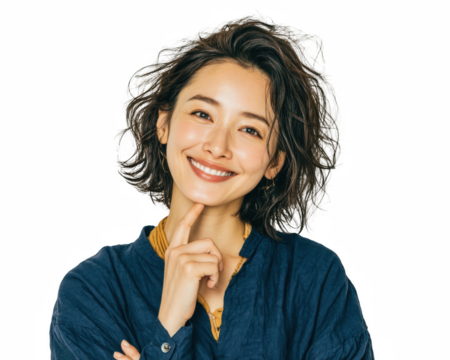 Smiling Asian woman with short curly hair portrait of a happy and confident model isolated on white background