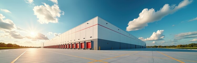 Fototapeta premium Modern industrial warehouse building exterior. Large storage facility many loading docks with red doors, facing empty concrete parking lot in rural area. Bright sunny day, blue sky with white clouds.
