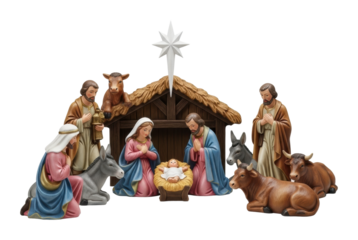 Christmas nativity scene home decorative figurines isolated on transparent background