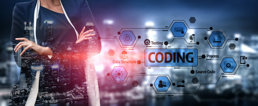 A confident woman stands before a modern city skyline, representing the intersection of technology and coding. This visual captures key data concepts and innovation. Tessel - Powered by Adobe