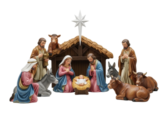 Christmas nativity scene home decorative figurines isolated on transparent background