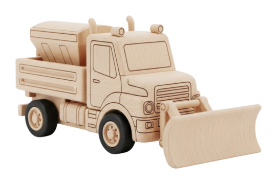 Snow plow truck wood model winter scene decorative toy isolated on transparent background