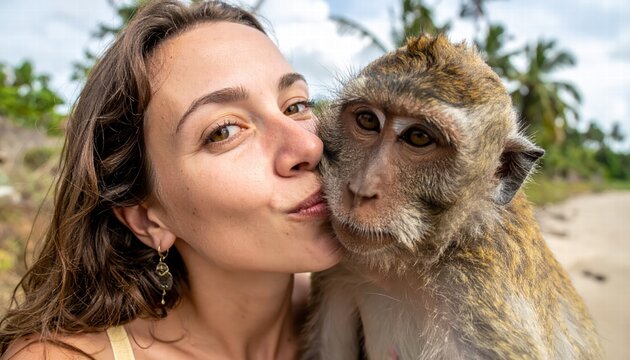 woman giving a kiss and a monkey