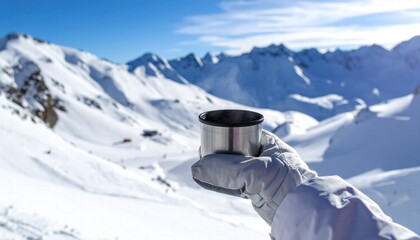 hand with glove holding a cappuccino with snowy mountains on the background, having a coffee outdoors