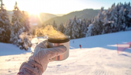 hand with glove holding a cappuccino with snowy mountains on the background, having a coffee outdoors