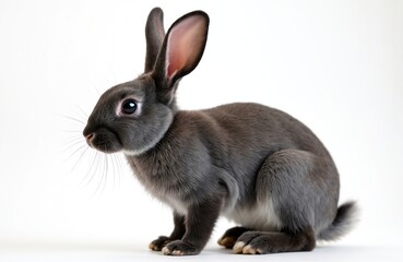 Obraz premium Cute grey rabbit sits on white background. Small fluffy mammal poses in studio. Domestic animal looks curious, has big ears, soft fur. Purebred bunny wants to play.