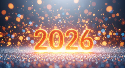 Bright orange 2026 number illuminated by festive bokeh lights