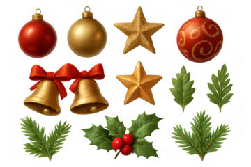 Christmas decorations set with baubles, stars, bells, holly, and pine branches offering festive holiday design elements