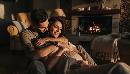 young couple embracing at home in a warm and cozy ambient, pregnant woman