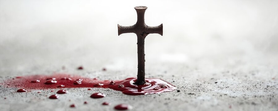 Rusty nail cross stands in pool of blood on concrete floor. Symbolic image for sacrifice, redemption, and the Easter story. Deep faith concept with copy space for text.