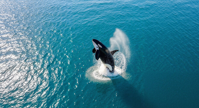 Orca with dynamic mood breaching the ocean surface against vibrant blue water background