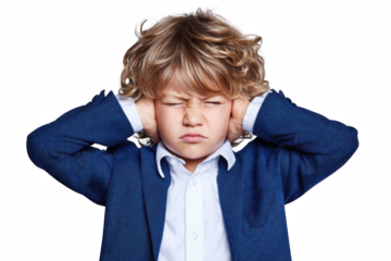 Frustrated young boy covering his ears wearing a blue jacket and white shirt isolated on white background