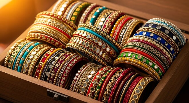 A wooden box filled with colorful indian bangles adorned with mirrors and beads in a close up shot