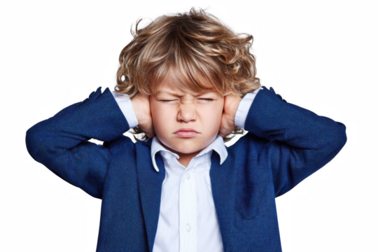 Frustrated young boy covering his ears wearing a blue jacket and white shirt isolated on white background