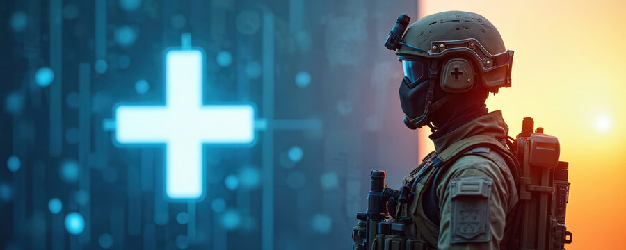 Soldier in tactical gear looks at glowing plus sign on digital blue background. Military medic wears helmet with cross. Shows medical tech, health innovation, future defense, aid services for armed