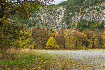 Autumn and foggy view of the landscape near the Panticosa Baths, a Spanish spa located in  the Alto Gállego  Situated in the Pyrenean Tena Valley, Huesca, Aragon, Spain
