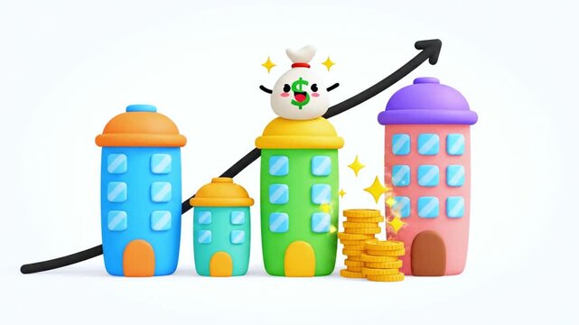 Watch vibrant animation of real estate growth and development with modern building and rising arrow for business success and investment opportunities, a positive trend