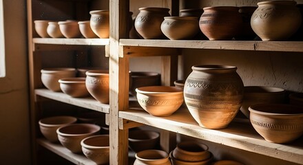 Shelves filled with handcrafted clay pottery in a rustic workshop studio with natural light