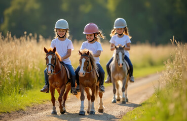 Three happy girls in helmets ride small ponies on rural country road. Children enjoy equestrian sport learning horseback riding at farm school. Young kids on horseback walk together through sunny
